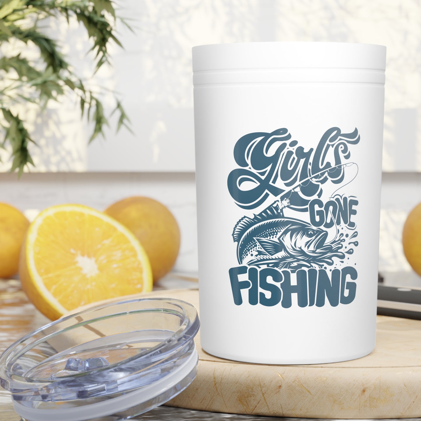 Girls Gone Fishing tumbler cup with lid
