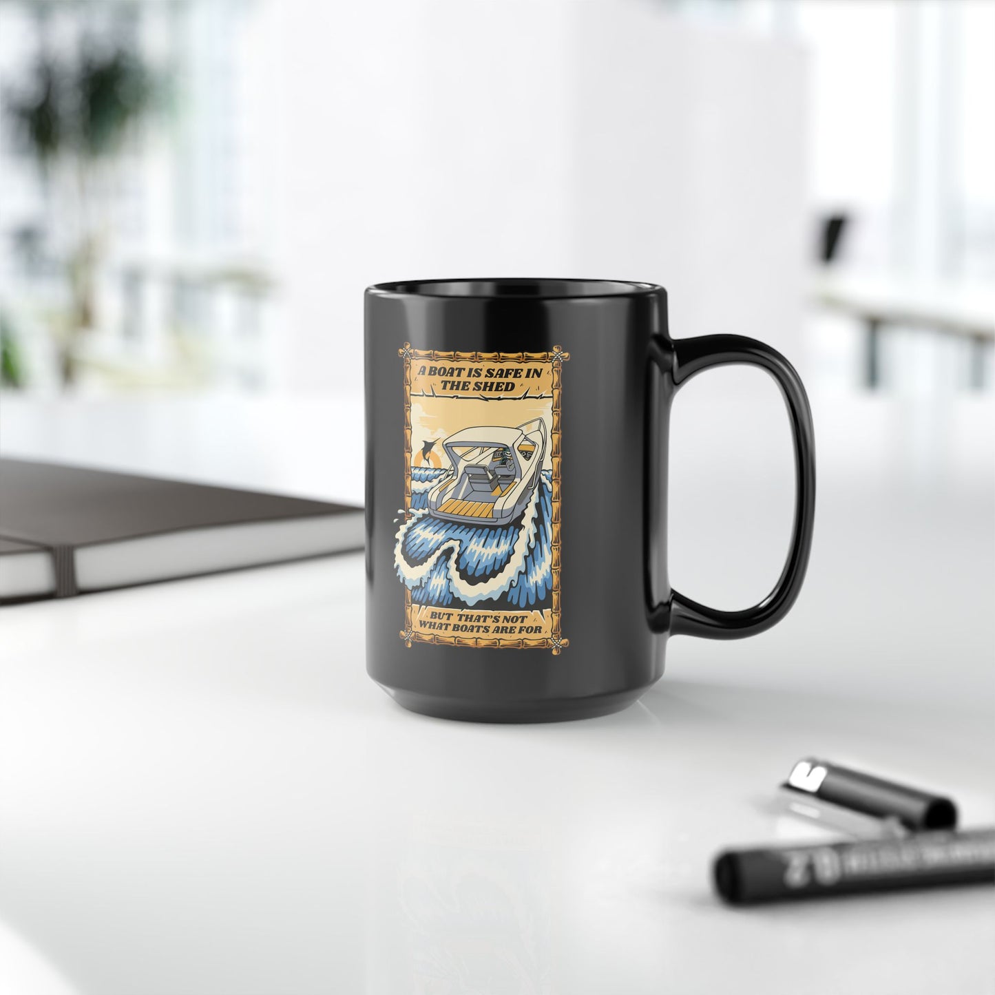 Marlin jumping, skeleton fisherman, adventure with your morning coffee