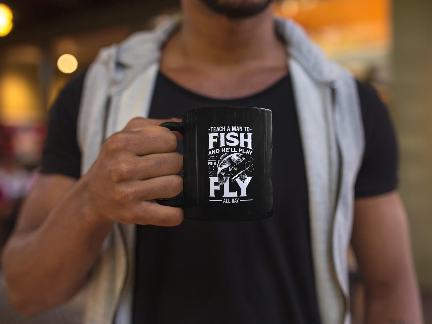 Teach a man to fish quote, sleek black mug